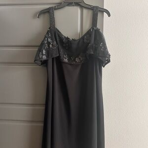 Elegant Black Midi Dress with Floral Embellishments